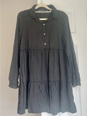 Zara Black Long Sleeve Tiered Shirt Dress